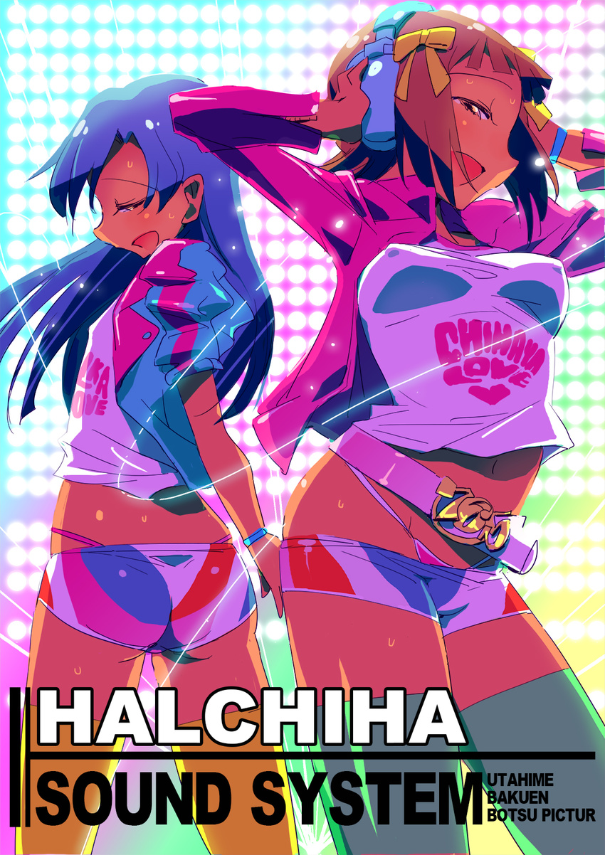 amami_haruka arms_up bad_id bad_pixiv_id belt blue_hair blush bow breasts brown_eyes brown_hair covered_nipples dancing g-string green_eyes hair_bow hands_on_headphones headphones highres idolmaster idolmaster_(classic) kisaragi_chihaya long_hair medium_breasts multiple_girls open_mouth panties shirt short_hair short_shorts shorts smile sweat t-shirt tank_top thighhighs thong underwear zasha