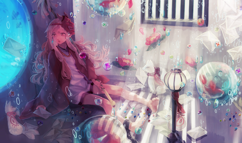 air_bubble bad_id bad_pixiv_id barefoot bubble chain earrings envelope fish flower fox glass highres indoors jewelry lamp light_rays long_hair marble mask mop oni_mask original pink_eyes pink_hair shiroxx0094 solo surreal underwater wall water