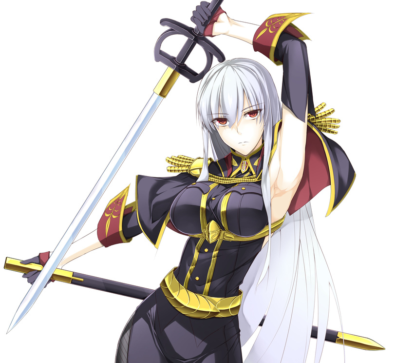 absurdres armpits black_gloves gloves highres holding holding_sword holding_weapon long_hair looking_at_viewer military red_eyes selvaria_bles senjou_no_valkyria senjou_no_valkyria_1 sensei_(hitagi3594) silver_hair simple_background solo sword weapon white_background
