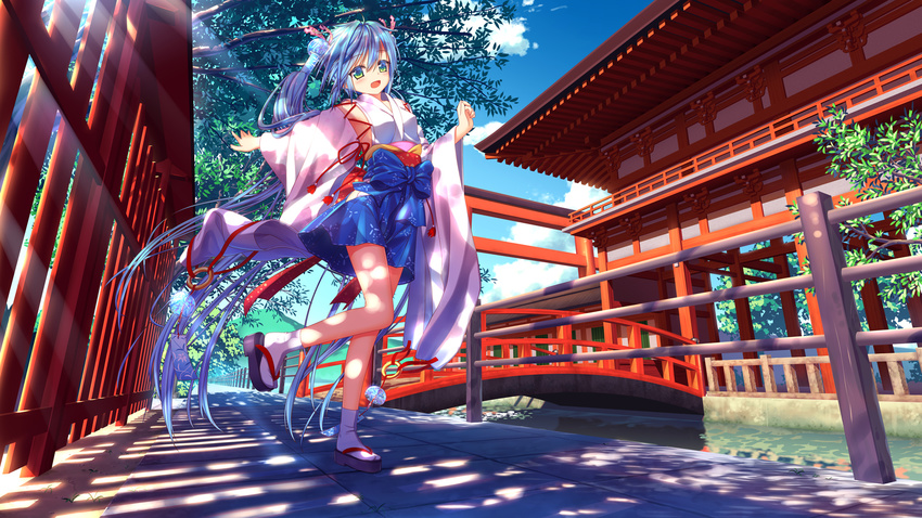 alternate_costume aqua_eyes aqua_hair architecture blush bridge clog_sandals cloud day detached_sleeves east_asian_architecture hair_tubes hatsune_miku highres light_rays long_hair nazu-na open_mouth outdoors railing sandals socks solo standing standing_on_one_leg sunbeam sunlight tree twintails very_long_hair vocaloid wind_chime