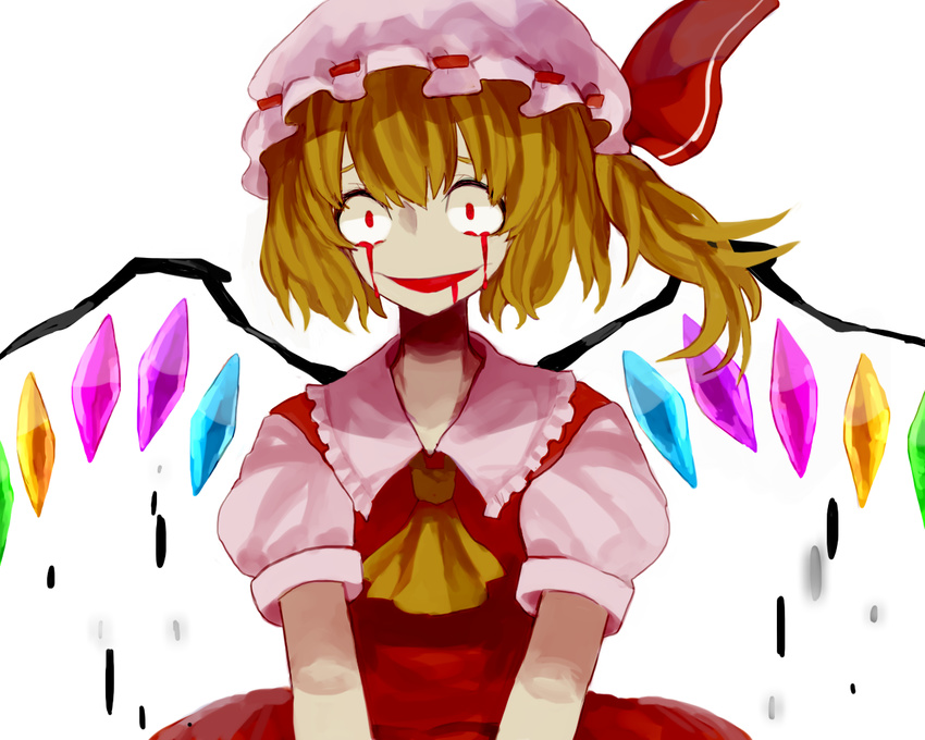 ascot blonde_hair blood blood_from_mouth blood_in_mouth blood_on_face bloody_tears blouse bow collared_shirt constricted_pupils crazy_eyes crazy_smile dress flandre_scarlet frilled_hat frilled_shirt frills hair_bow hair_ribbon hat looking_at_viewer mob_cap puffy_sleeves red_dress red_eyes red_shirt red_skirt ribbon shirt short_sleeves side_ponytail simple_background skirt skirt_set smile solo touhou white_background white_hat wings yxyx_ika