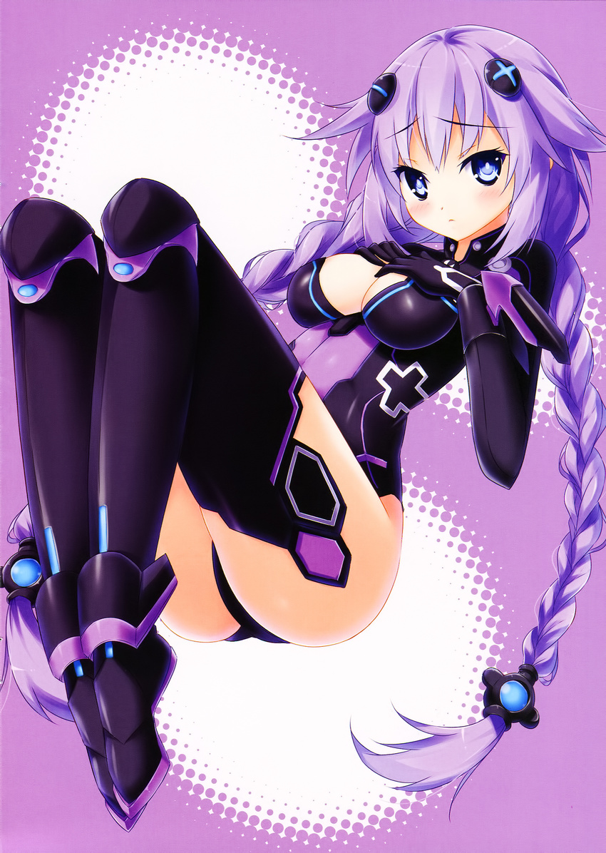 ass black_footwear black_legwear blue_eyes blush boots braid breasts cleavage cleavage_cutout from_side frown full_body gloves hair_ornament halftone halftone_background hands_on_own_chest highres kaho_okashii knees_up legs leotard long_hair magical_girl medium_breasts neptune_(series) power purple_background purple_hair purple_heart purple_legwear raised_eyebrows reclining scan sitting solo symbol symbol-shaped_pupils thigh_boots thighhighs turtleneck twin_braids vambraces very_long_hair