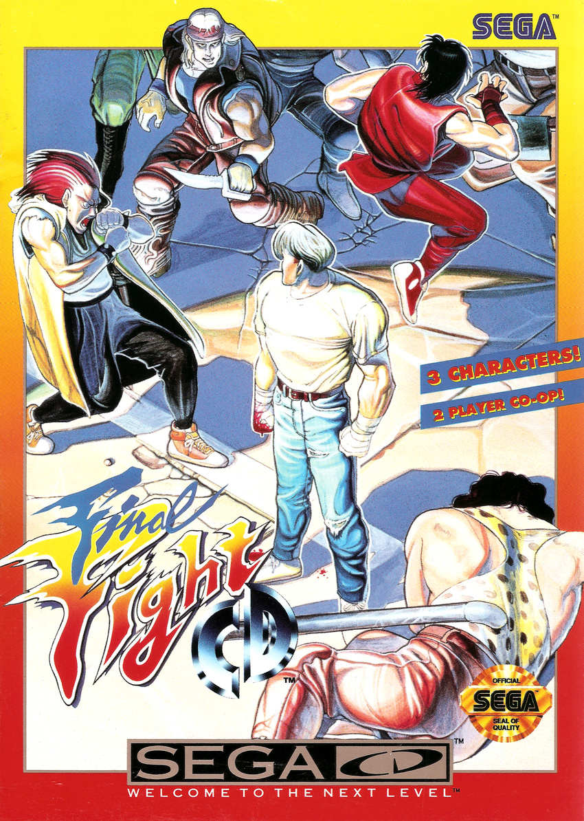 90s axl_(final_fight) bandana battle belt blood boots box_art cody_travers company_name copyright_name cover denim english final_fight flying_kick gai_(final_fight) game_cover gang highres hugo_andore injury jeans jumping kicking knife lead_pipe logo mad_gear male_focus martial_arts mullet multiple_boys muscle official_art oldschool open_mouth pants pipe scan sega_cd shoes sneakers standing two_p yasuda_akira