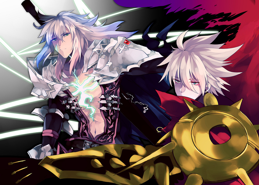 armor balmung_(fate/apocrypha) blue_eyes cape fate/apocrypha fate_(series) green_eyes karna_(fate) long_hair multiple_boys siegfried_(fate) sword u_928 weapon white_hair