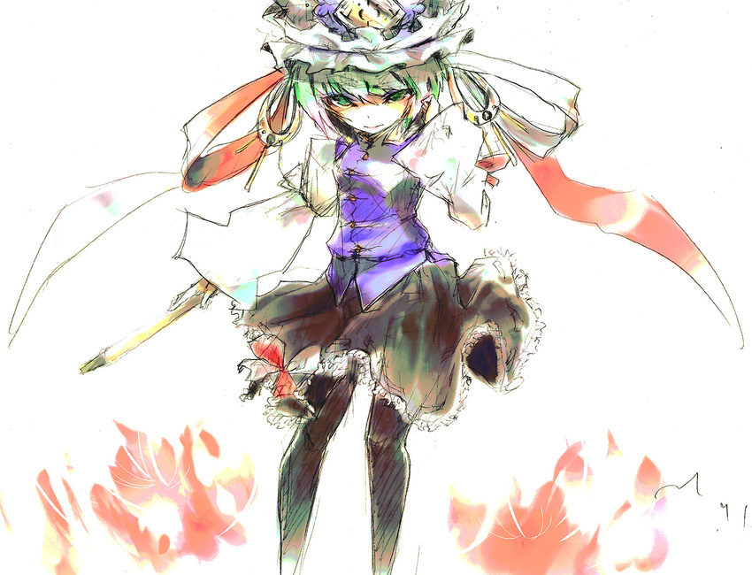 ast black_legwear bow flower frilled_skirt frills green_eyes green_hair hat hat_ribbon lips pantyhose red_bow ribbon rod_of_remorse shiki_eiki simple_background skirt solo spider_lily touhou