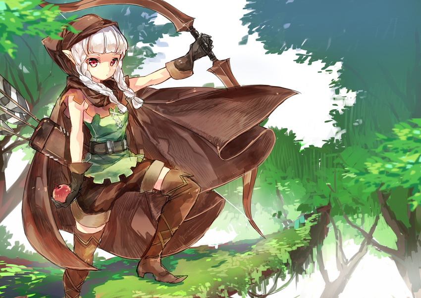 apple bad_id bad_pixiv_id boots bow_(weapon) braid cloak dragon's_crown elf_(dragon's_crown) food fruit gloves highres hood long_hair nature purple_eyes quiver solo thigh_boots thighhighs tree twin_braids weapon white_hair yutoriro