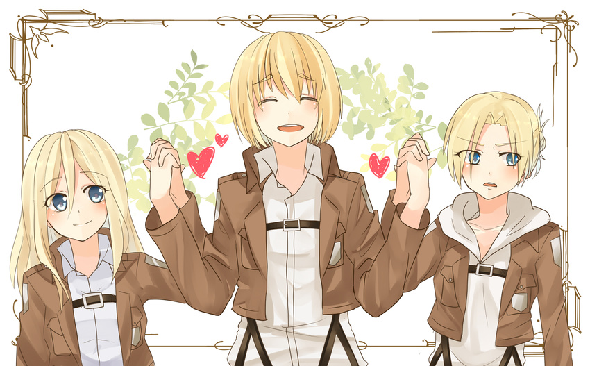 2girls ^_^ annie_leonhardt armin_arlert belt blonde_hair blue_eyes blush buckle christa_renz closed_eyes color_connection hair_color_connection heart highres holding_hands jacket long_hair long_sleeves military military_uniform multiple_girls paradis_military_uniform ponytail shingeki_no_kyojin short_hair shun-syun uniform