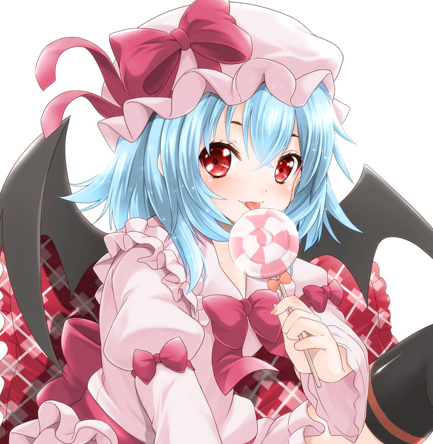 bat_wings blue_hair bow candy fang food fujishima_shinnosuke hat hat_ribbon highres juliet_sleeves knee_up licking lollipop long_sleeves looking_at_viewer mob_cap pillow puffy_sleeves red_eyes remilia_scarlet ribbon sash shadow short_hair simple_background skirt skirt_set solo swirl_lollipop thighhighs tongue tongue_out touhou white_background wings