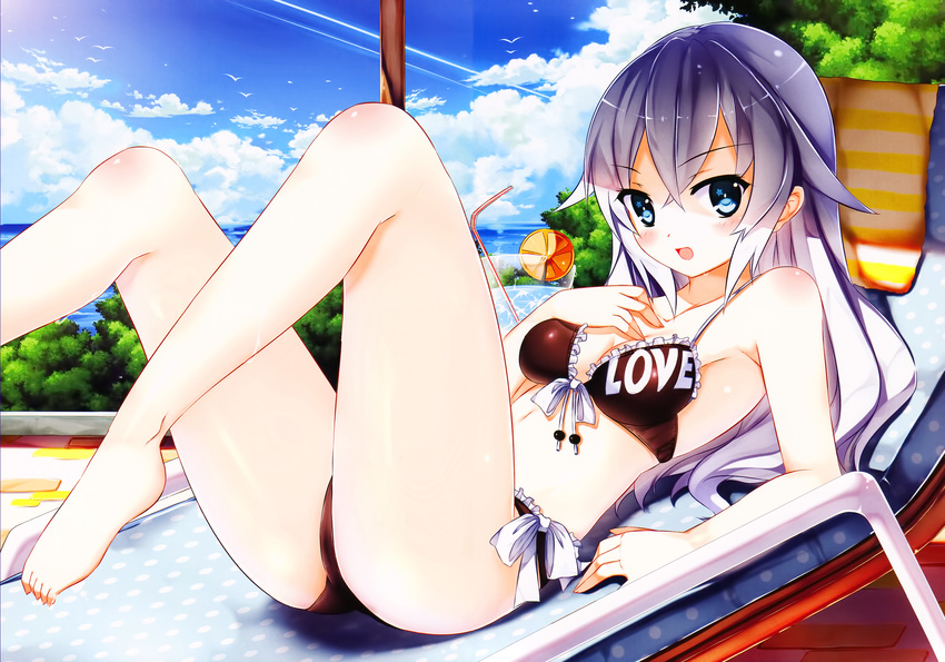:d barefoot bikini black_heart blue_eyes blush brown_bikini chair cloud day drink english front-tie_top hand_on_own_chest highres kaho_okashii legs long_hair lounge_chair lying neptune_(series) on_back open_mouth outdoors scan smile solo swimsuit umbrella white_hair