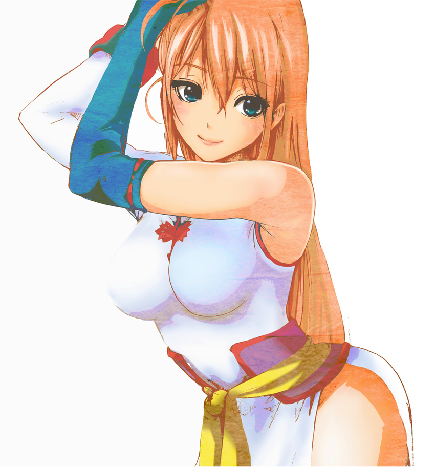 arms_up bare_shoulders blue_eyes breasts brown_hair gintama gloves highres kagura_(gintama) large_breasts long_hair older sagatsune simple_background smile solo thighs white_background