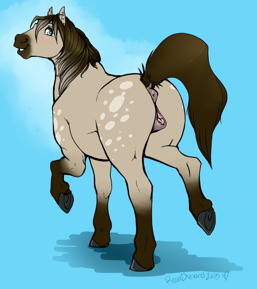 anatomically_correct_pussy animal_genitalia back_view brown_hair cyan_background digital_media_(art) equine equine_pussy eris female feral full-length_portrait hair horse inviting mammal marefurryfan markings one_eye_closed pussy quadruped raised_leg raised_tail raisedtail revadiehard revadiva side_view smile socks_(marking) solo three-quarter_view walking wink