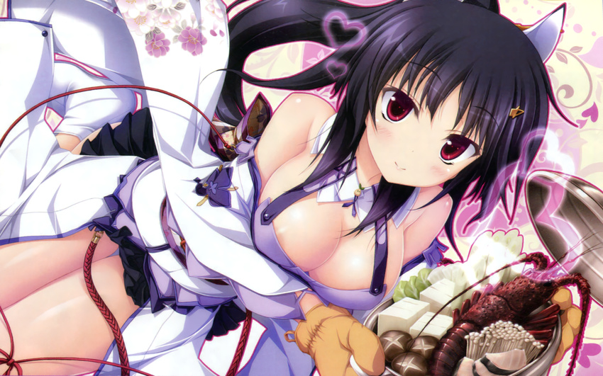 animal_ears areolae bare_shoulders black_hair blush breasts cleavage food gloves hapymaher hasuno_saki highres japanese_clothes kimono large_breasts long_hair looking_at_viewer red_eyes shiny shiny_skin socks solo tsukimori_hiro white_legwear