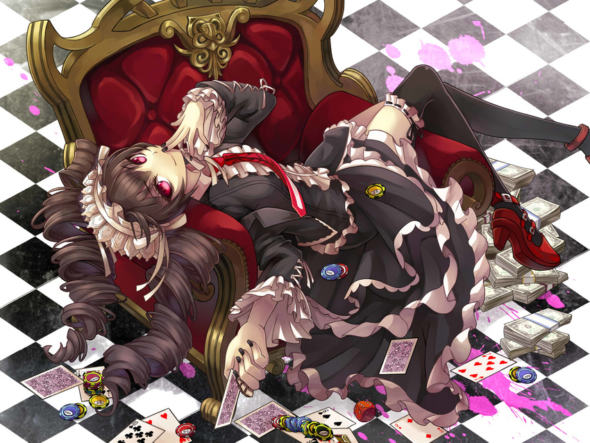 black_hair black_legwear blood bonnet card celestia_ludenberck chair checkered checkered_floor da-cart danganronpa danganronpa_1 drill_hair frills gothic_lolita highres lolita_fashion long_hair necktie playing_card red_eyes smile solo thighhighs twin_drills twintails