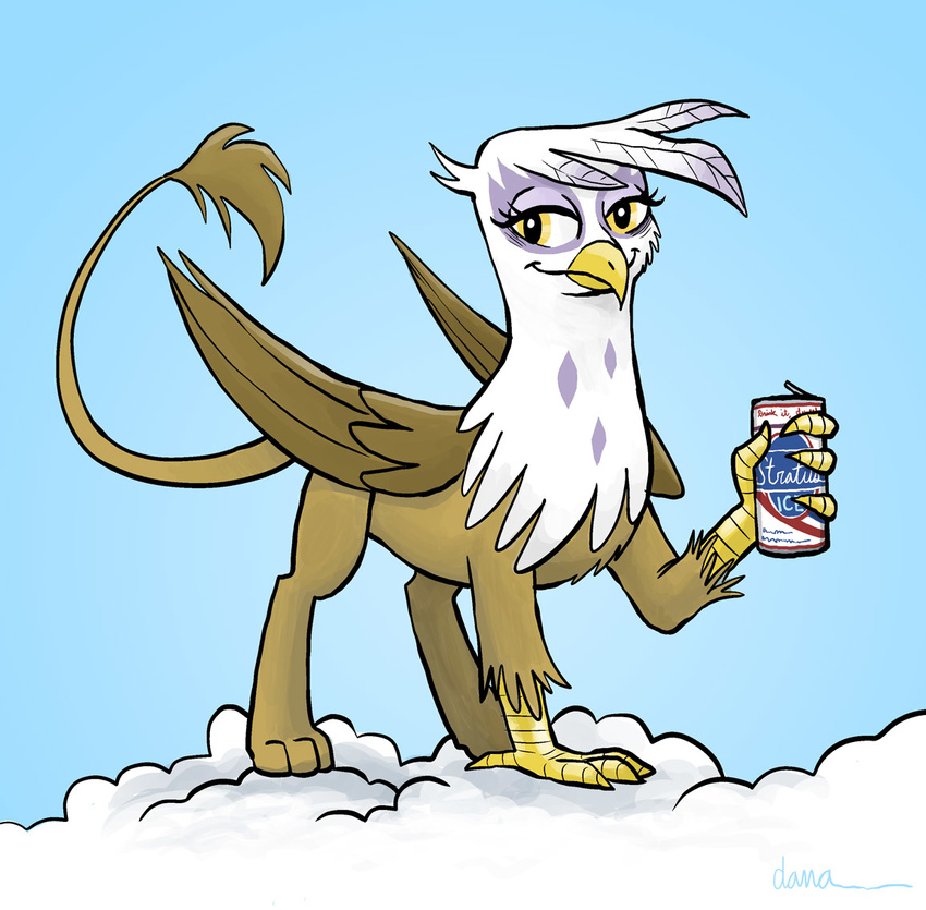avian beverage brown_feathers brown_fur can cloud clouds english_text female feral friendship_is_magic fur gilda_(mlp) gryphon looking_at_viewer my_little_pony pedantia sky solo text white_feathers wings yellow_eyes