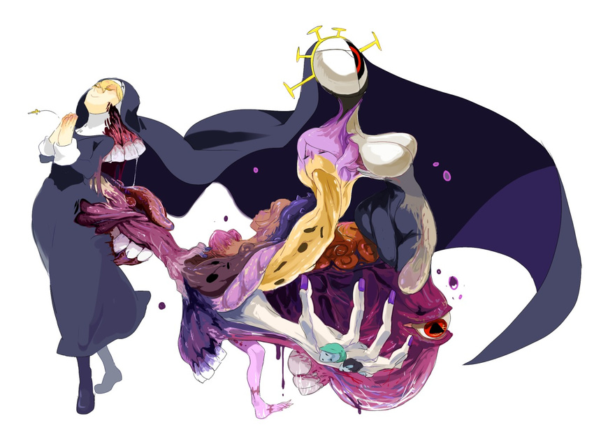 blonde_hair breasts closed_eyes cross cross_necklace double_(skullgirls) eldritch_abomination habit jewelry large_breasts monster necklace no_nipples nun red_eyes skullgirls smile tentacles yuriyuri_(ccc)