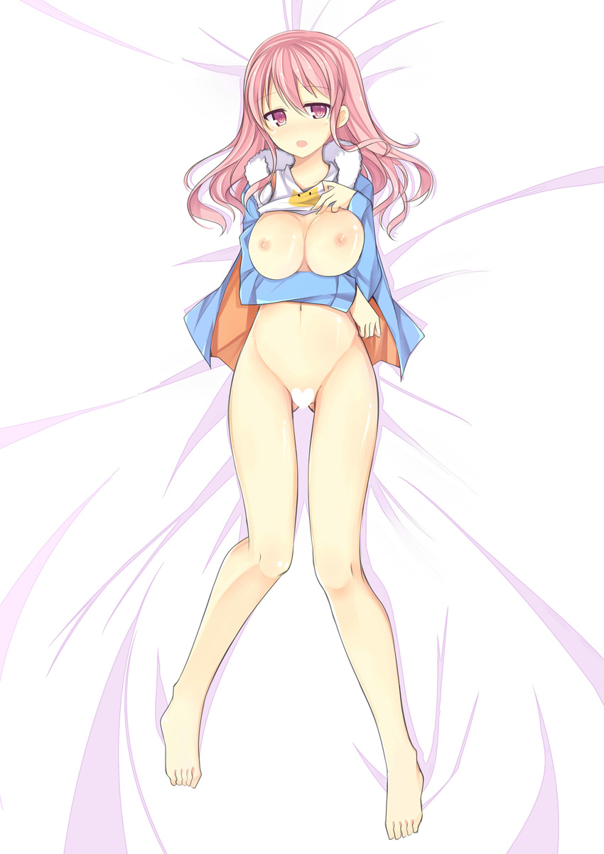 1girl barefoot breasts censored convenient_censoring feet highres luky navel nipples novelty_censor original pink_hair