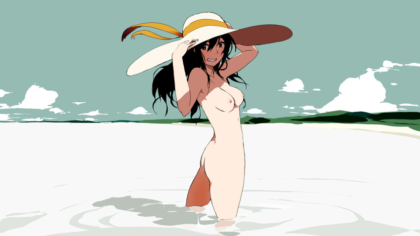 1girl ass beach black_hair blush breasts cloud grin hand_on_hat hand_on_headwear hat long_hair looking_back nipples nude ocean original shadow sky smile solo uki_atsuya wading water