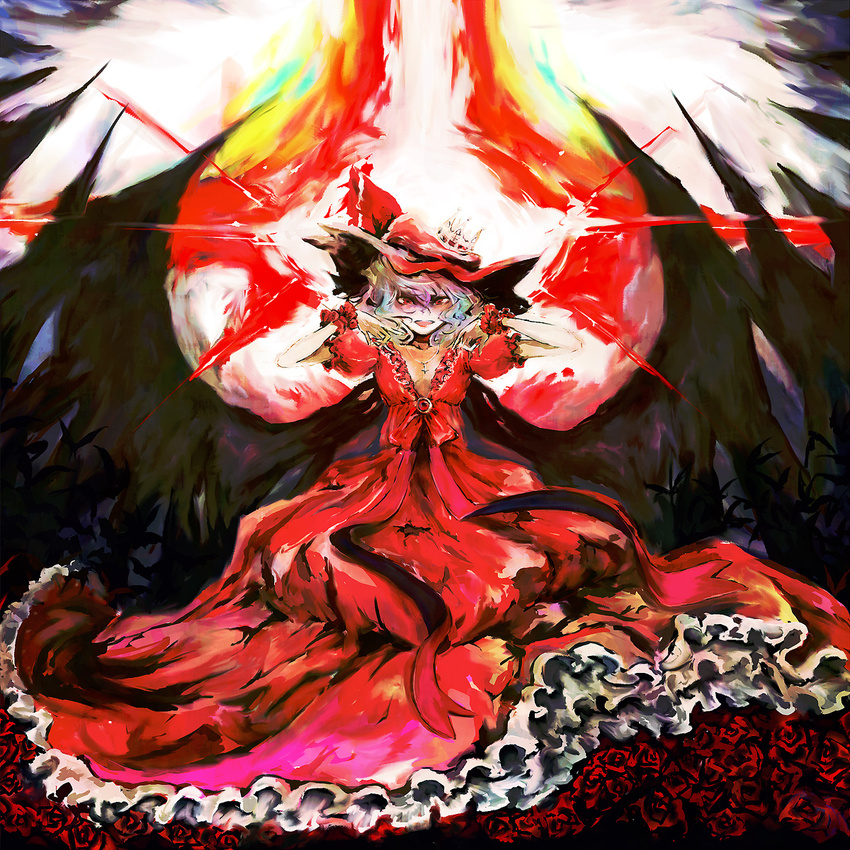 alternate_costume alternate_headwear ast bat bed_of_roses bow cross cross_necklace demon_wings dress fingernails flower frilled_dress frilled_sleeves frills hand_gesture hat hat_bow highres jewelry long_dress multicolored_hair nail_polish necklace puffy_short_sleeves puffy_sleeves red_dress red_eyes red_flower red_ribbon red_rose red_the_nightless_castle remilia_scarlet ribbon rose short_sleeves solo spell spell_card touhou wings wrist_cuffs