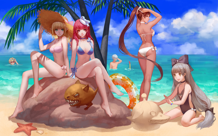 4girls academic_(dragon_nest) adjusting_hair archer_(dragon_nest) ask_(askzy) ass bad_id bad_pixiv_id barefoot beach bikini black_swimsuit blonde_hair blue_bikini bow breasts brown_eyes brown_hair casual_one-piece_swimsuit cleavage cleric_(dragon_nest) cloud crossed_legs dark_skin day dragon_nest flat_chest green_eyes grey_hair hair_bow hand_on_headwear hat highres kali_(dragon_nest) long_hair long_legs medium_breasts monster multiple_boys multiple_girls ocean one-piece_swimsuit open_mouth outdoors pink_bikini pink_hair ponytail poochum red_eyes short_hair sideboob silver_hair sitting sky smile snorkel sorceress_(dragon_nest) starfish straw_hat striped striped_bikini striped_swimsuit swimsuit tree very_long_hair wariza warrior_(dragon_nest) water white_bikini yellow_eyes