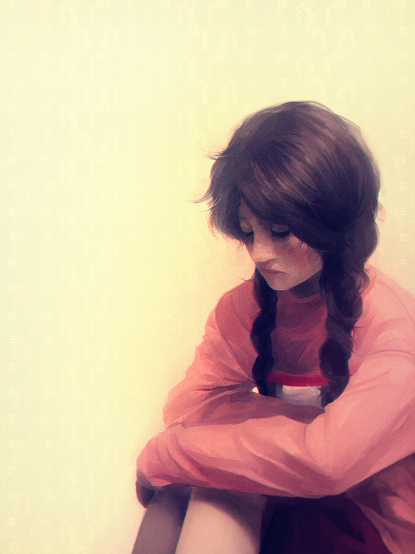 braid brown_hair closed_eyes frown highres jcm2 leg_hug long_hair madotsuki pink_shirt realistic shirt solo sweater twin_braids yume_nikki