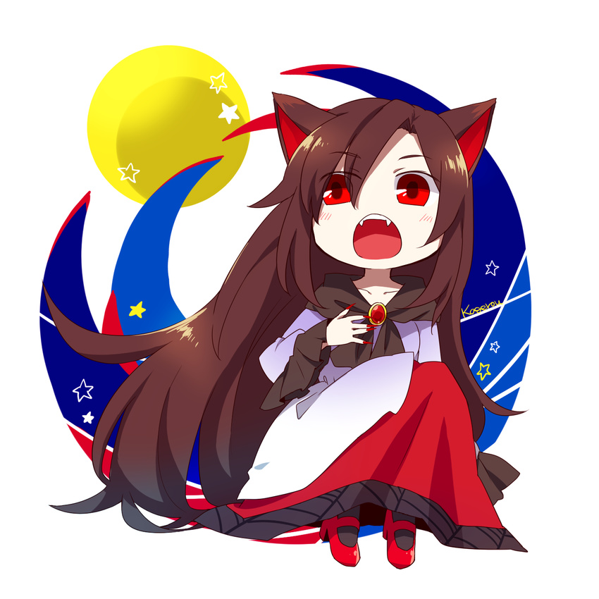 animal_ears brooch brown_hair fangs fingernails full_moon highres imaizumi_kagerou jewelry long_fingernails long_sleeves moon nail_polish open_mouth red_eyes red_nails shirt sitting skirt solo tail touhou wide_sleeves wolf_ears wolf_tail yamabuki_(yusuraume)