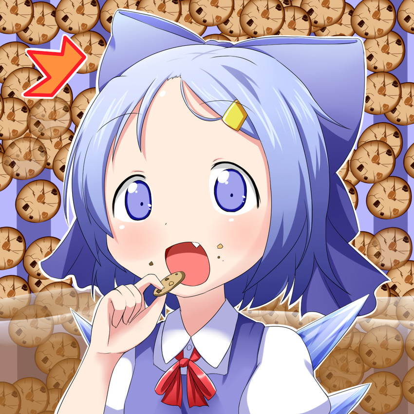 1girl blue_dress blue_eyes blue_hair blush bow cirno cookie cookie_clicker crumbs dress eating fang food food_on_face forehead hair_bow hair_ornament hairclip hairpin highres ice ice_wings looking_at_viewer makuran open_mouth ribbon short_hair smile solo surprised touhou upper_body wings