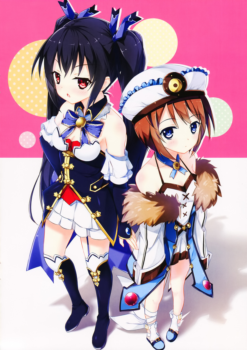 black_hair black_legwear blanc blue_eyes boots breasts brown_hair cleavage detached_collar detached_sleeves flat_chest fur_trim garter_straps hat highres kaho_okashii legs long_hair long_sleeves multiple_girls neptune_(series) noire pigeon-toed red_eyes scan short_hair sleeves_past_wrists thigh_boots thighhighs twintails white_legwear