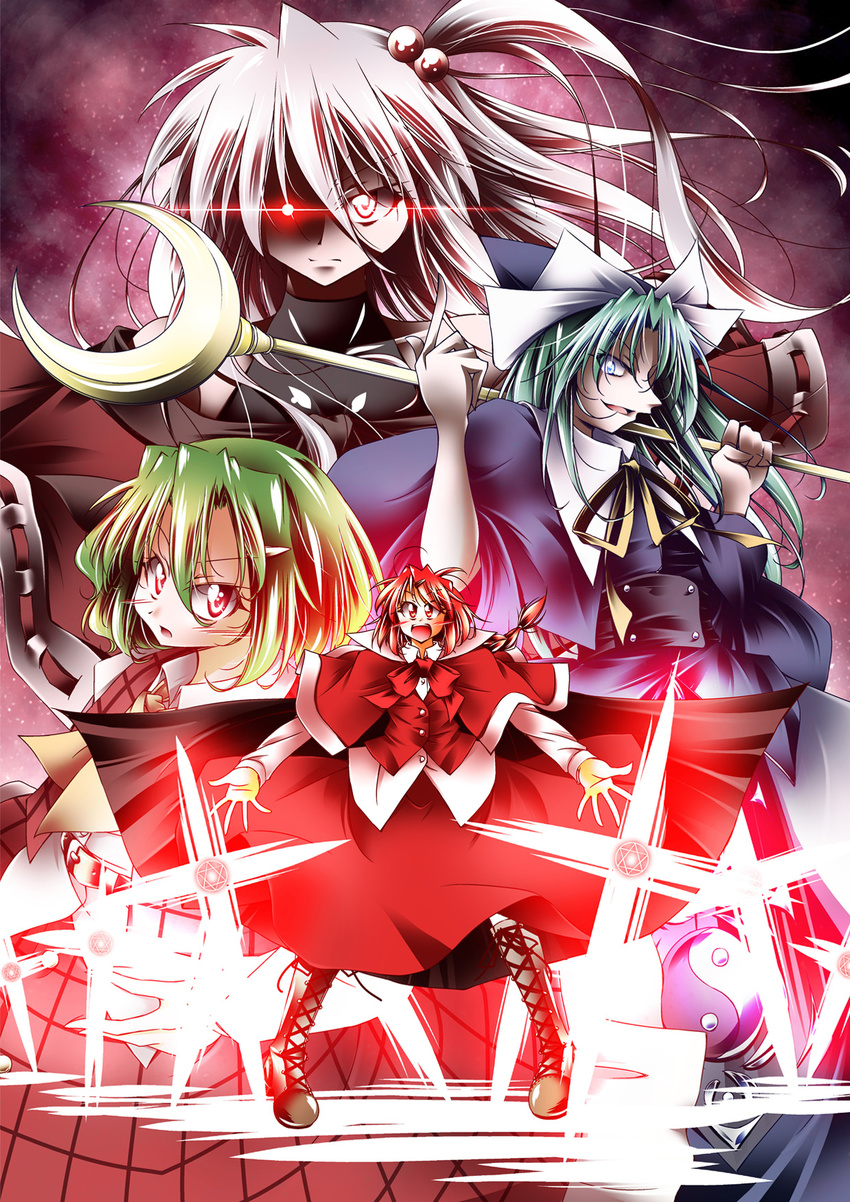 aishuu_karasutengu cross glowing glowing_eyes green_hair highres kazami_yuuka mima multiple_girls okazaki_yumemi red_hair shinki silver_hair stage_connection touhou touhou_(pc-98)