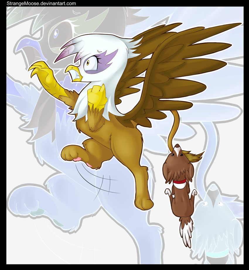 amber_eyes avian bite blowup_background brown_feathers brown_fur canine dog duo female feral friendship_is_magic fur gilda_(mlp) gryphon mammal my_little_pony strangemoose white_feathers white_fur wings winona_(mlp)