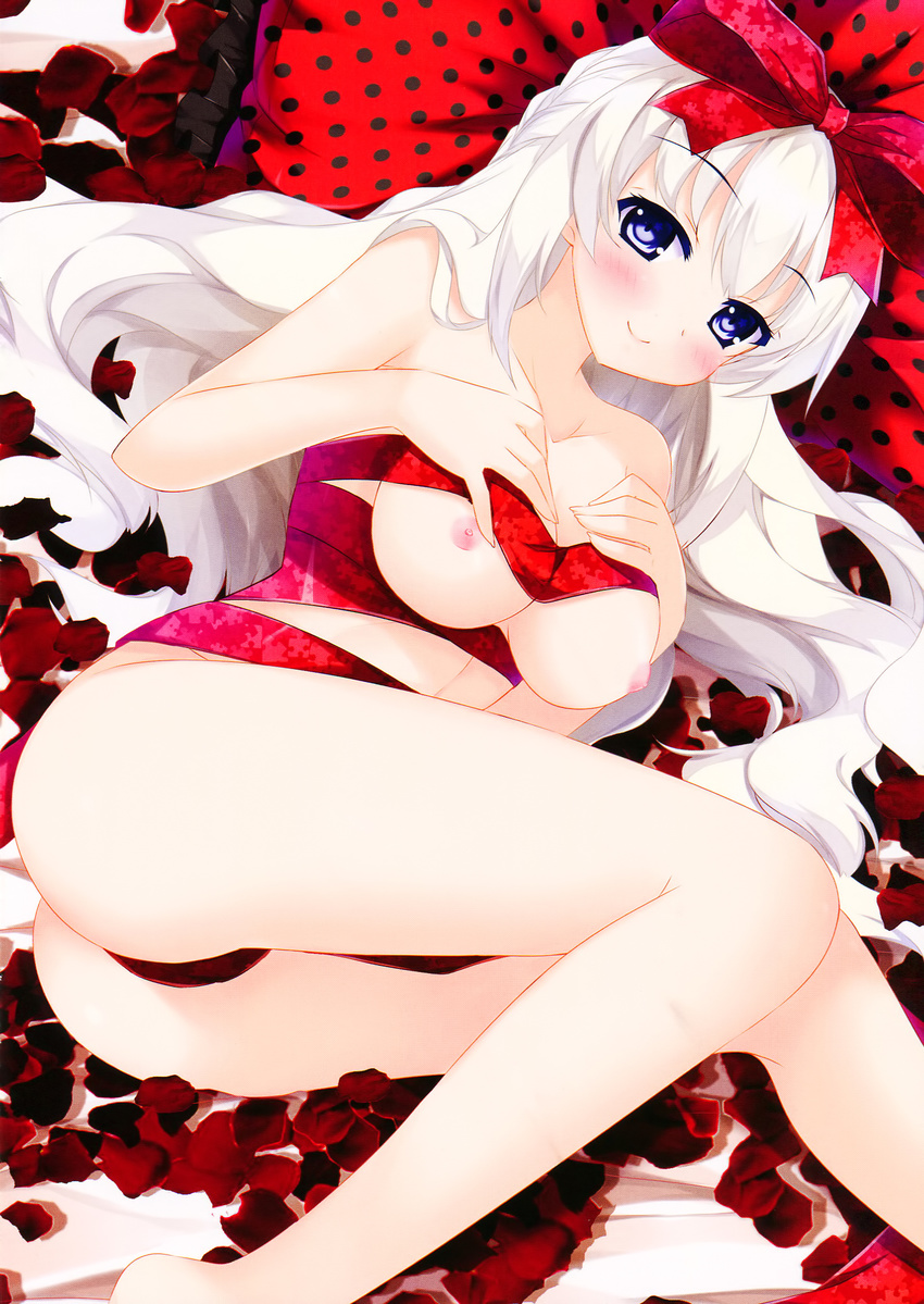 alternate_hair_color blue_eyes blush bow breasts cleavage hair_bow highres kaho_okashii large_breasts legs long_hair looking_at_viewer lying naked_ribbon neptune_(series) nipples on_side petals ribbon rose_petals scan smile solo vert very_long_hair white_hair