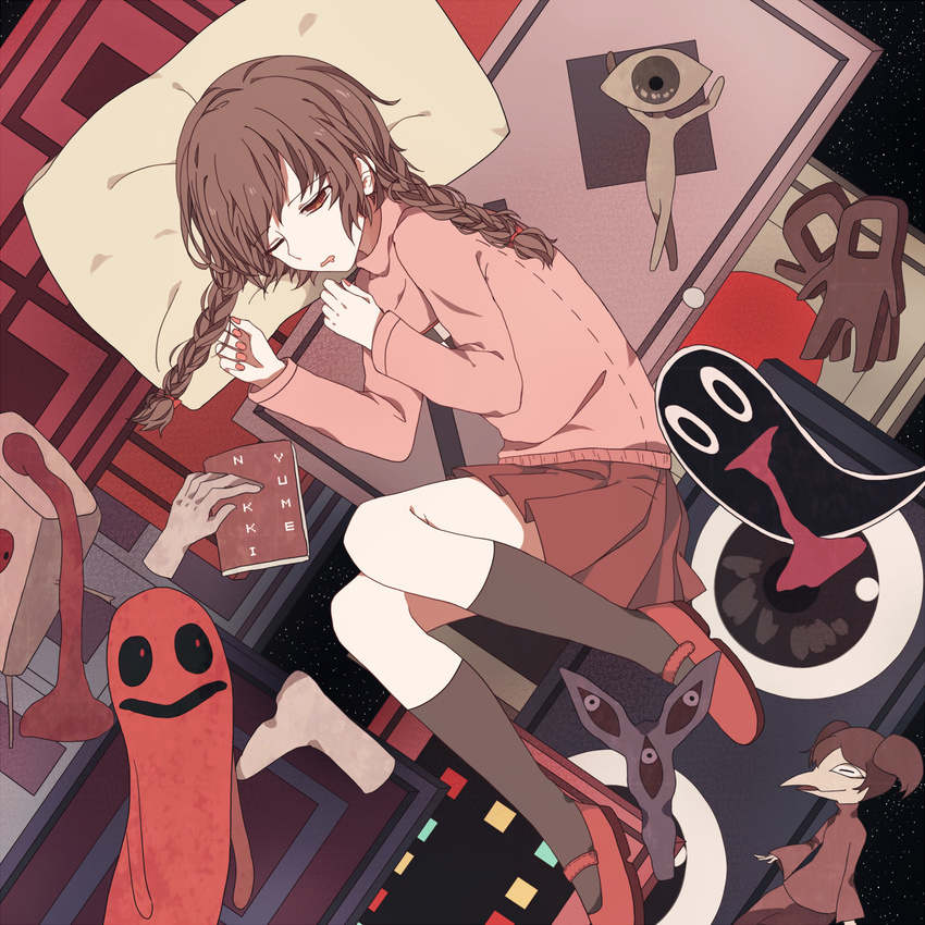 braid brown_eyes brown_hair character_request disembodied_limb drooling highres kneehighs kyukkyu-kun lying madotsuki mary_janes nail_polish on_side onibi_(gxx1996717) pillow pink_shirt shirt shoes skirt space surreal sweater tokuto-kun toriningen twin_braids waking_up yume_nikki