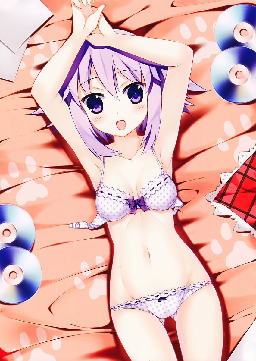 :d armpits arms_up bow bow_bra bra breasts cleavage collarbone compact_disc groin highres kaho_okashii looking_at_viewer lowleg lowleg_panties lying medium_breasts navel neptune_(choujigen_game_neptune) neptune_(series) on_back open_bra open_mouth panties paw_print polka_dot polka_dot_bra polka_dot_panties purple_bra purple_eyes purple_hair purple_panties ribbon-trimmed_bra ribbon-trimmed_underwear ribbon_trim scan smile solo unclasped underwear underwear_only