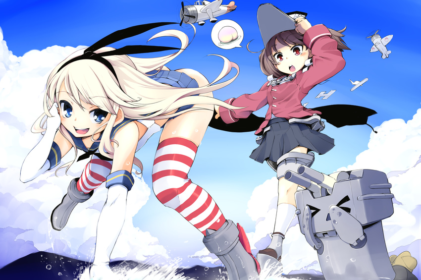 &gt;_&lt; aircraft airplane black_panties blonde_hair blue_eyes brown_eyes brown_hair closed_eyes cloud day elbow_gloves food fruit gloves hairband highres kantai_collection long_hair momo_(higanbana_and_girl) multiple_girls open_mouth panties peach rensouhou-chan ryuujou_(kantai_collection) shimakaze_(kantai_collection) sky speech_bubble striped striped_legwear thighhighs twintails underwear visor_cap white_gloves