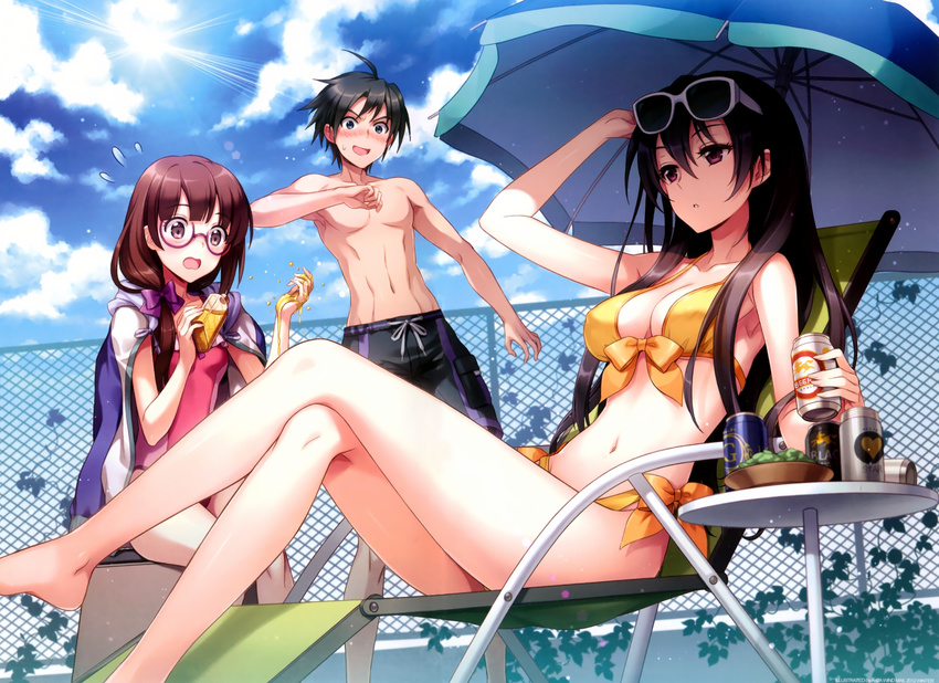 2girls absurdres ahoge alcohol an2a arm_up bare_legs bare_shoulders barefoot beach_umbrella beer beer_can bikini black_hair blue_eyes blue_sky blush bow breasts brown_eyes can casual_one-piece_swimsuit chain-link_fence chair cleavage cloud copyright_request crossed_legs day eyewear_on_head fence flying_sweatdrops folding_chair frilled_swimsuit frills front-tie_top glasses hair_between_eyes hair_bow hair_over_shoulder highres hood hoodie long_hair lotion lounge_chair low_ponytail lying male_swimwear medium_breasts multiple_girls navel one-piece_swimsuit open_clothes open_hoodie open_mouth parted_lips purple_eyes reclining shirtless short_hair side-tie_bikini sky sunglasses sunlight sunscreen sweatdrop swim_trunks swimsuit swimwear umbrella wavy_mouth yellow_bikini