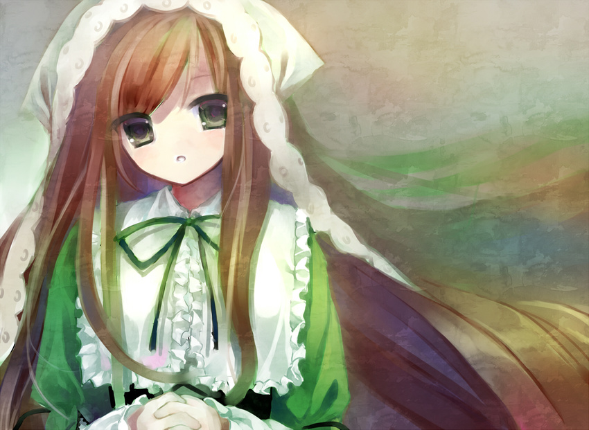 bonnet brown_hair capelet dress green_dress grey_eyes hands_clasped highres interlocked_fingers long_hair looking_at_viewer nametakenoko open_mouth own_hands_together rozen_maiden solo suiseiseki very_long_hair