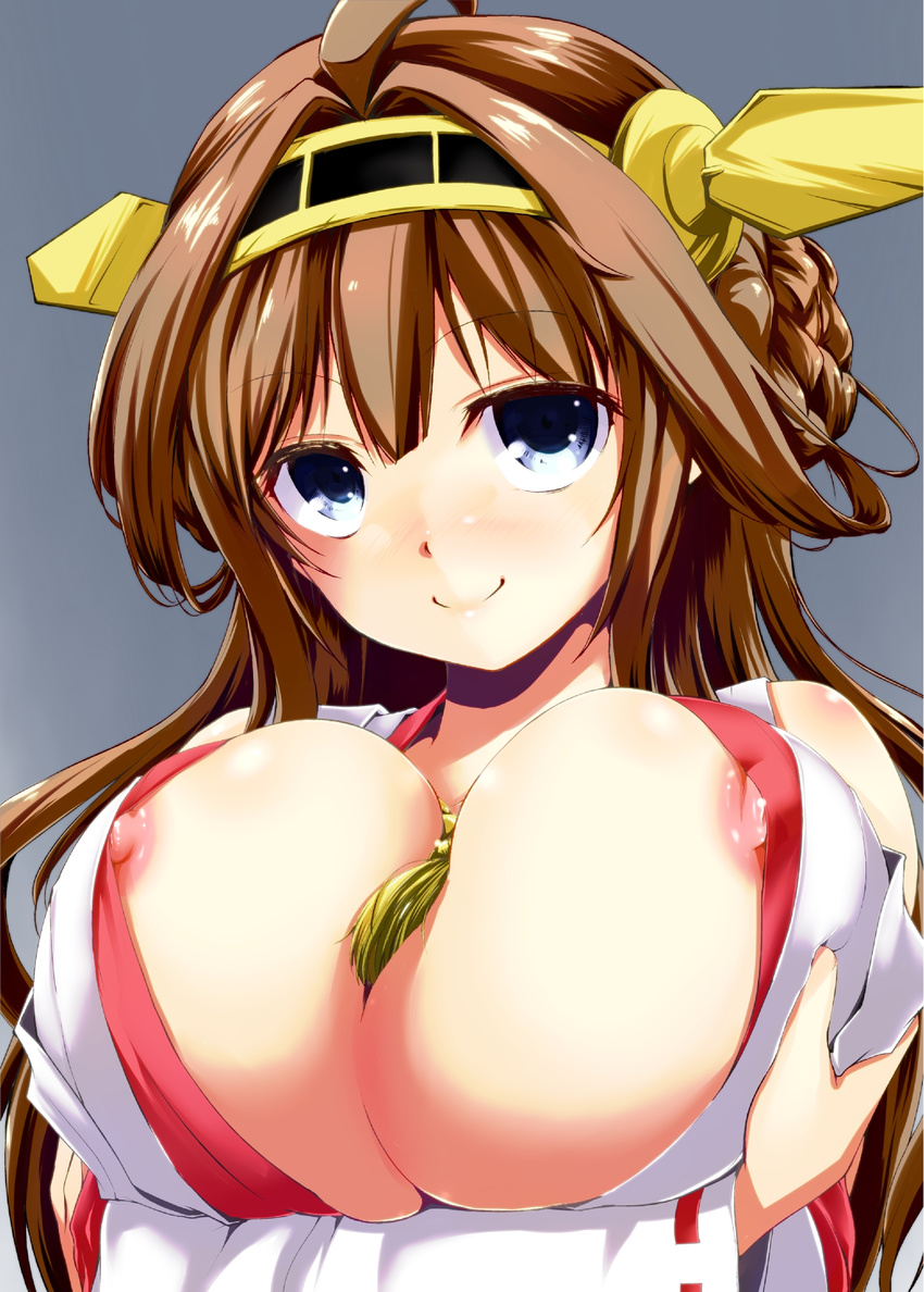 ahoge bare_shoulders blue_eyes blush breasts brown_hair detached_sleeves hairband headgear highres huge_breasts japanese_clothes kaizuka kantai_collection kongou_(kantai_collection) long_hair looking_at_viewer nipple_slip nipples simple_background smile solo