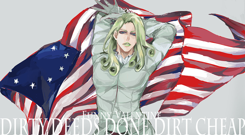 american_flag arms_behind_head arms_up character_name curly_hair funny_valentine gloves green_hair green_lipstick jojo_no_kimyou_na_bouken jojo_pose lipstick long_hair makeup male_focus pose shinem solo steel_ball_run