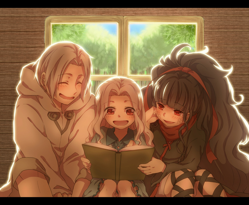 2girls azami_(kagerou_project) black_hair book closed_eyes dress family father_and_daughter highres hood hoodie husband_and_wife kagerou_project kozakura_shion long_hair mother_and_daughter multiple_girls red_eyes short_hair smile tsukihiko_(kagerou_project) unomi_(makiron910) very_long_hair white_hair