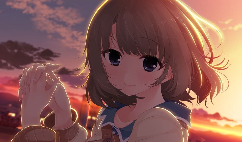 1girl blue_eyes brown_hair game_cg hayakawa_harui highres shoujo_shin'iki_shoujo_tengoku sunset the_garden_of_fifth_zoa tsunasaka_aoi