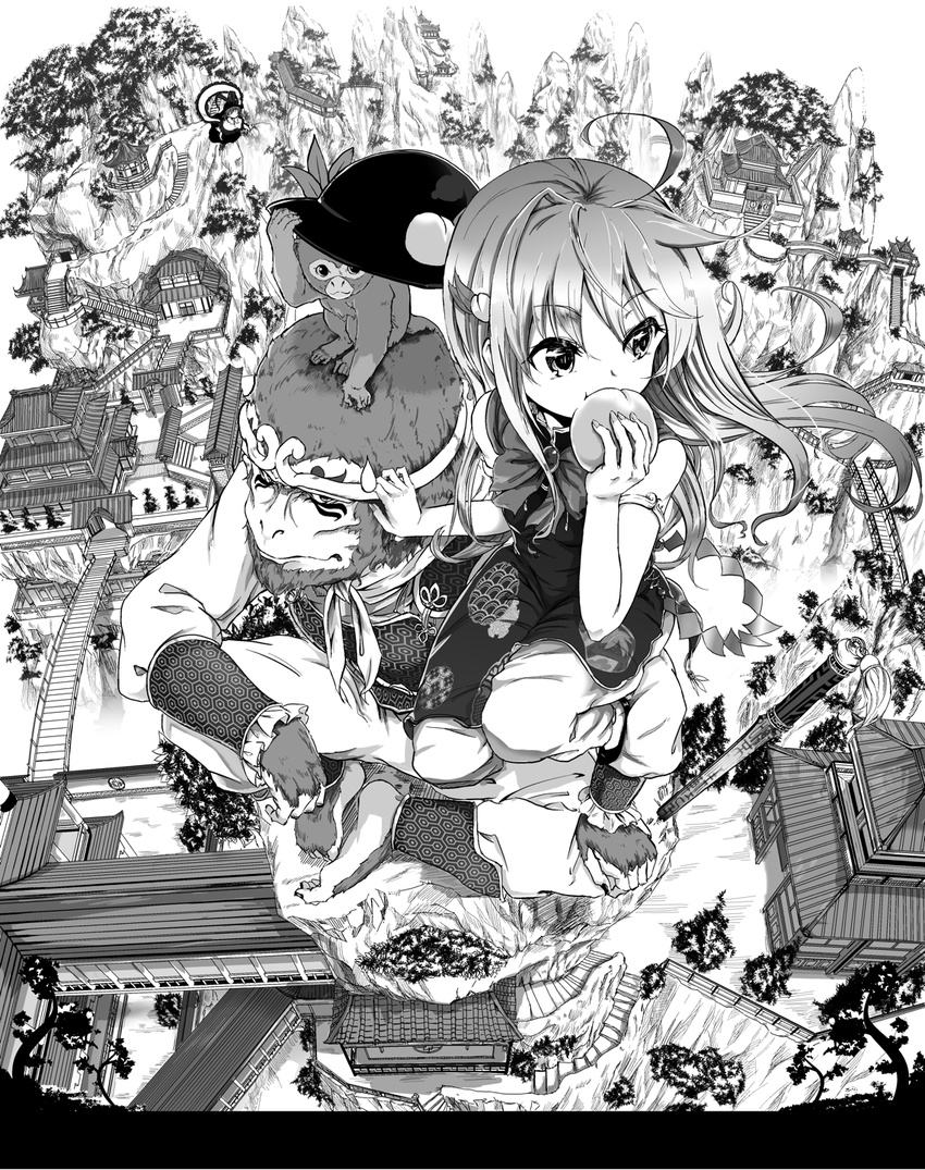 2girls caesar8149 crossover eating flying food fruit greyscale hat hat_removed headwear_removed highres hinanawi_tenshi journey_to_the_west monkey monochrome multiple_girls nagae_iku peach sun_wukong touhou village