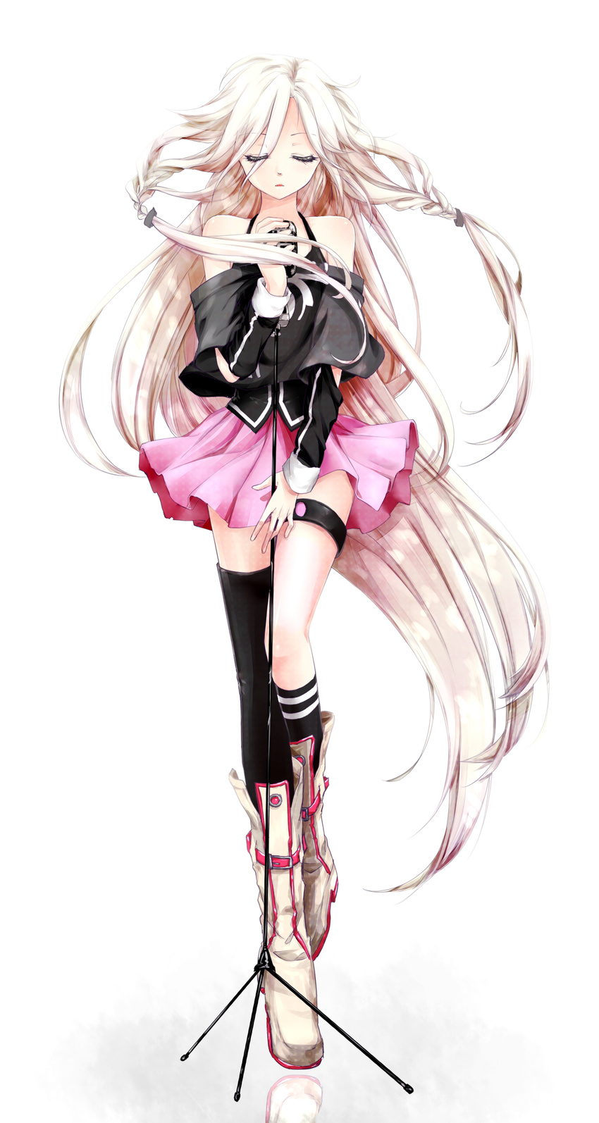 2_alice_2 absurdres bare_shoulders boots braid closed_eyes highres ia_(vocaloid) kneehighs long_hair microphone off_shoulder single_thighhigh skirt solo thigh_strap thighhighs twin_braids very_long_hair vocaloid white_hair