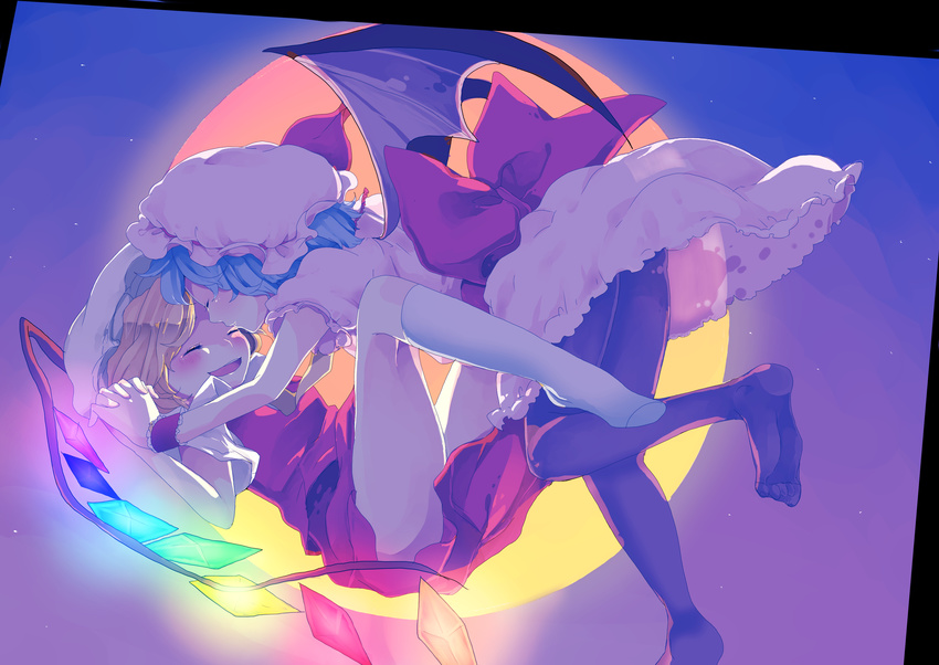 absurdres bat_wings black_legwear blonde_hair blue_hair blush bow closed_eyes clover_(lapis_lazure) flandre_scarlet hat highres holding_hands long_hair multiple_girls pantyhose remilia_scarlet short_hair siblings sisters skirt skirt_set smile touhou wings yuri