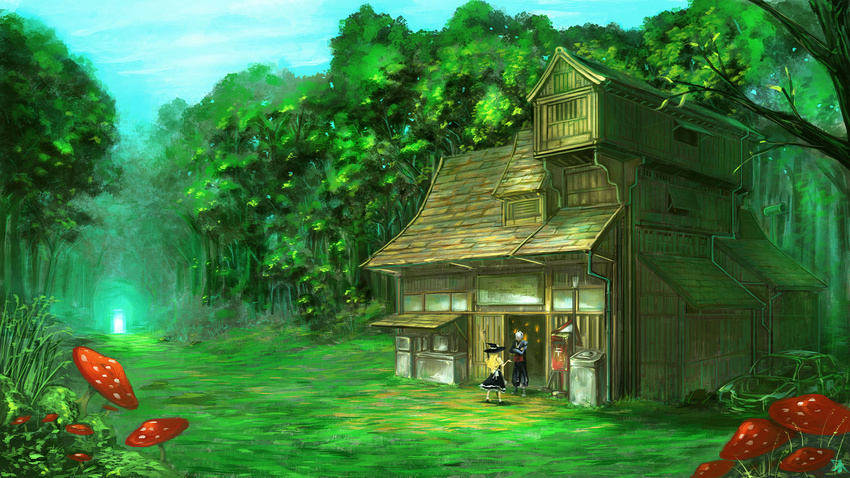 1girl architecture arm_up blonde_hair broom crossed_arms drainpipe east_asian_architecture forest forest_of_magic grass hat highres japanese_clothes japanese_postal_mark kirisame_marisa kourindou morichika_rinnosuke mushroom nature postbox_(outgoing_mail) rat1989 skirt skirt_set touhou vanishing_point white_hair witch_hat