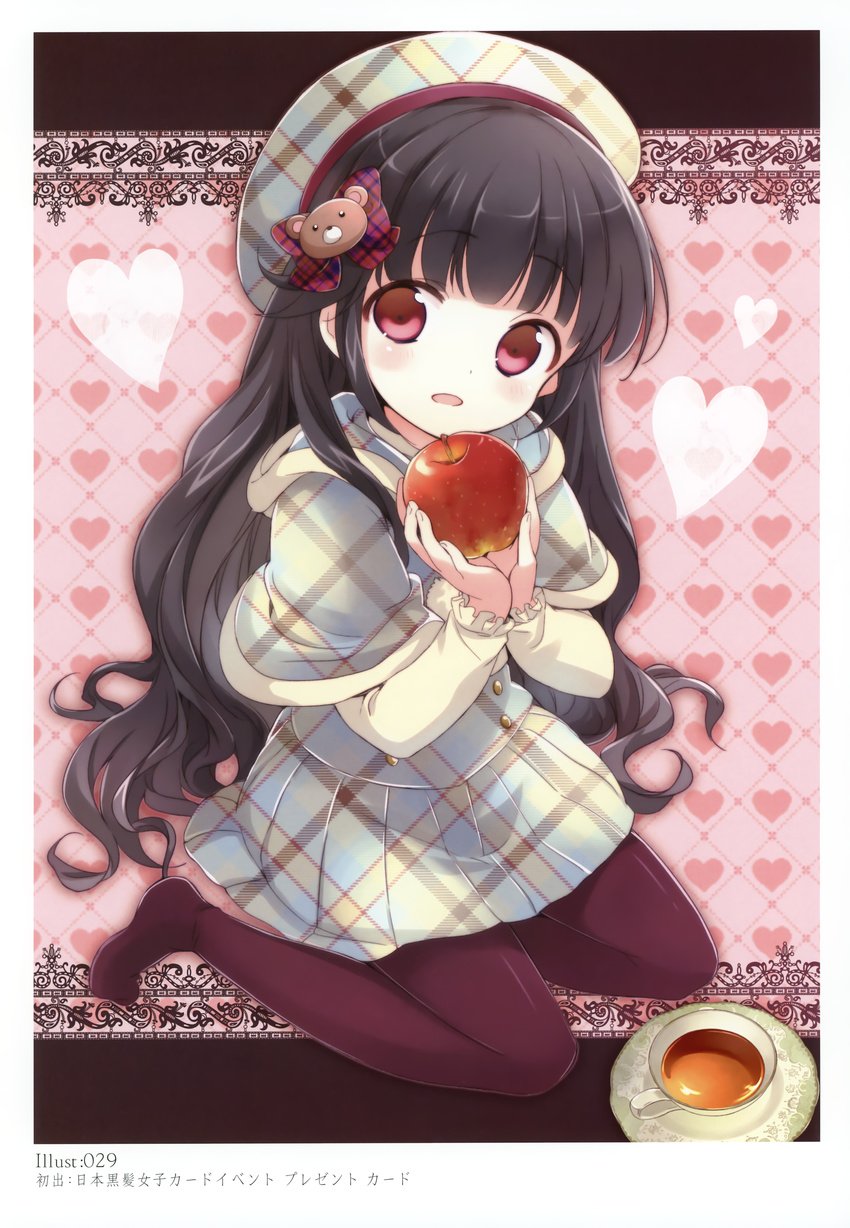 1girl absurdres apple black_hair black_legwear capelet cup dress food fruit hat heart highres pantyhose red_eyes sitting solo tea teacup wariza