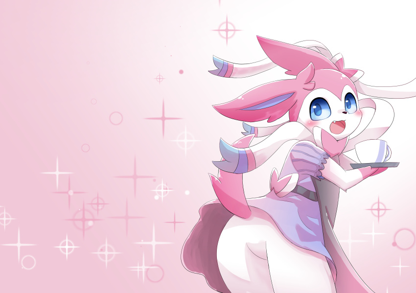 ambiguous_gender blue_eyes blue_fur blush bottomless bow butt canine clothed clothing cup cute_fangs eeveelution fur girly looking_back mammal nintendo pink_background pink_fur pink_tail pinup pok&eacute;mon pok&eacute;mon_(species) pose rear_view ribbons simple_background snout sum sylveon tea_cup upskirt video_games white_fur