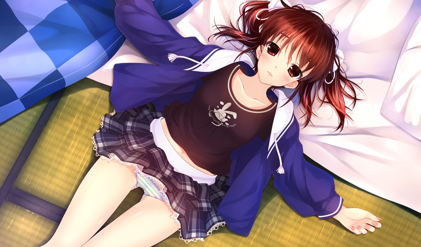 1girl brown_hair collarbone game_cg hayakawa_harui highres lying plaid plaid_skirt red_eyes shoujo_shin'iki_shoujo_tengoku skirt the_garden_of_fifth_zoa tsukamine_miori twintails underwear