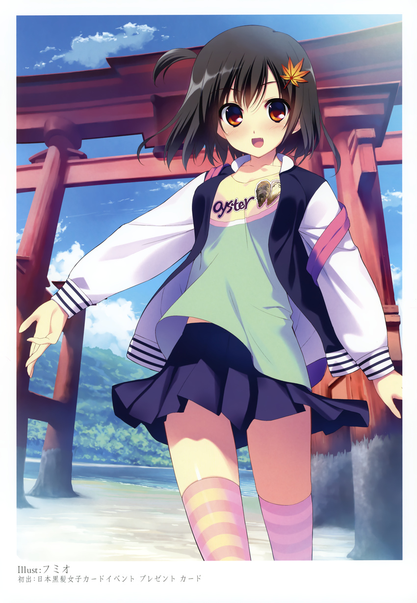 :d absurdres blue_sky brown_hair clothes_writing cloud day english fang fumio_(ura_fmo) hair_ornament highres jacket leaf leaf_hair_ornament maple_leaf one_side_up open_clothes open_jacket open_mouth orange_eyes pink_legwear skirt sky smile socks solo striped striped_legwear thighhighs torii white_legwear