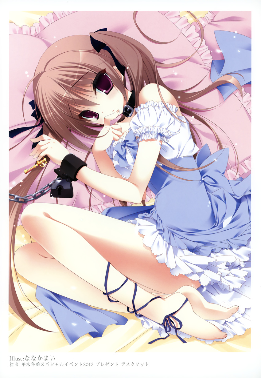 absurdres ankle_lace-up ankle_ribbon barefoot bdsm bed bondage bound bound_wrists brown_hair chain collar cross-laced_footwear cuffs dress finger_to_chin frilled_pillow frills hair_ribbon highres ichinose_himeki imouto_choukyou_nikki key lying nanaka_mai on_side pillow purple_eyes ribbon scan solo twintails