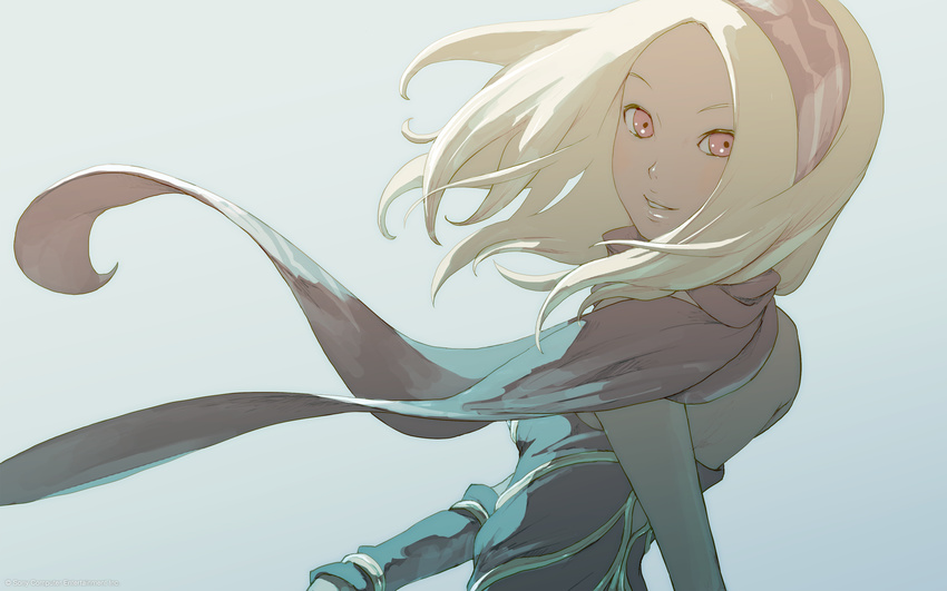 bare_shoulders black_scarf blonde_hair breasts floating_hair from_behind gravity_daze hairband highres kitten_(gravity_daze) long_hair looking_at_viewer looking_back medium_breasts official_art parted_lips red_eyes saitou_shunsuke scarf smile solo strapless upper_body wallpaper wind