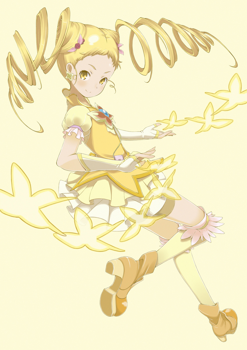 bad_id bad_pixiv_id bike_shorts blonde_hair bug butterfly cure_lemonade double_bun dress drill_hair earrings eyelashes fingerless_gloves flower full_body galaxea gloves hair_flower hair_ornament high_heels highres insect jewelry kasugano_urara_(yes!_precure_5) long_hair looking_at_viewer magical_girl precure puffy_sleeves red_flower red_rose rose shoes shorts shorts_under_skirt simple_background smile solo thighhighs twin_drills twintails yellow yellow_background yellow_eyes yellow_legwear yes!_precure_5 yes!_precure_5_gogo!